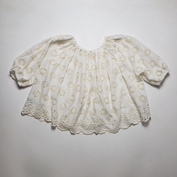 Madewell Embroidered Shirred Puff-Sleeve Top Women's Large Ivory Floral Eyelet - Picture 6 of 16